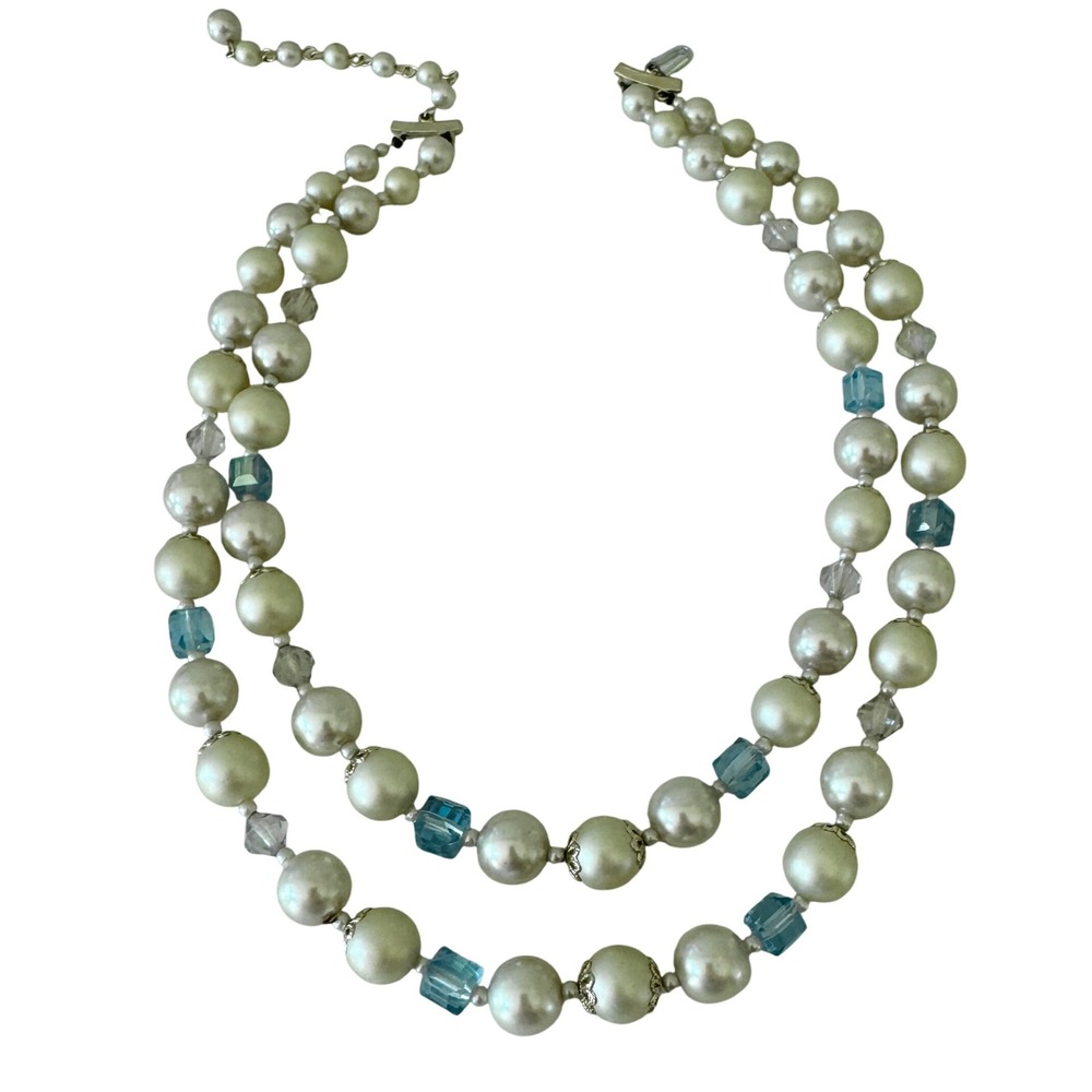 Vintage Japan Double Strand Faux Pearl Necklace Blue Aurora Borealis Crystal